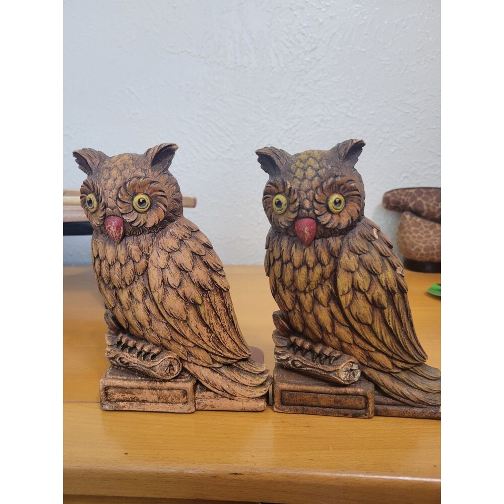 Vintage Set Of Syroco Owl Bookends Wooden With Brass Base Classic MCM
